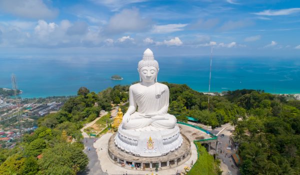 Aerial view Big Buddha of Phuket Thailand Height: 45 m. Reinforced concrete structure adorned with white jade marble Suryakanta from Myanmar(Burma).